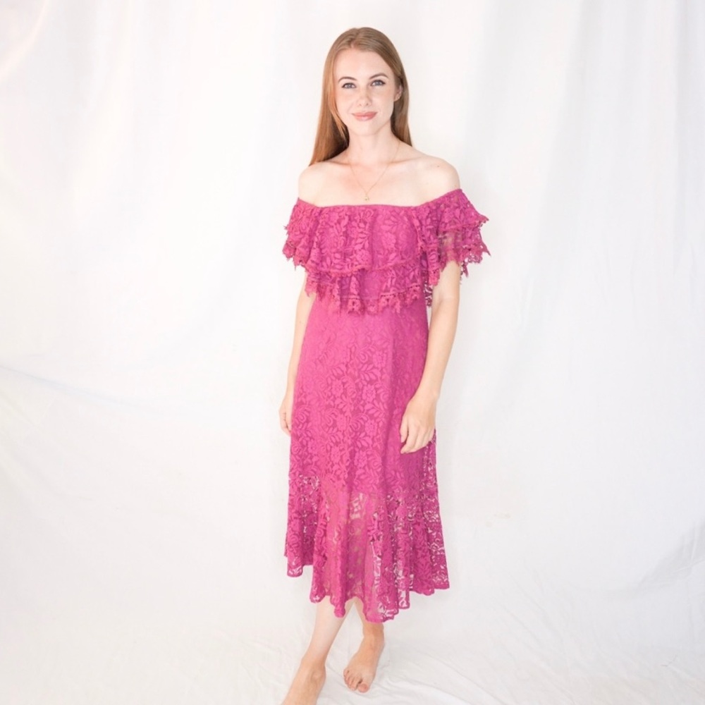LULUS Off Shoulder Layered Pink Lace Knit Dress S